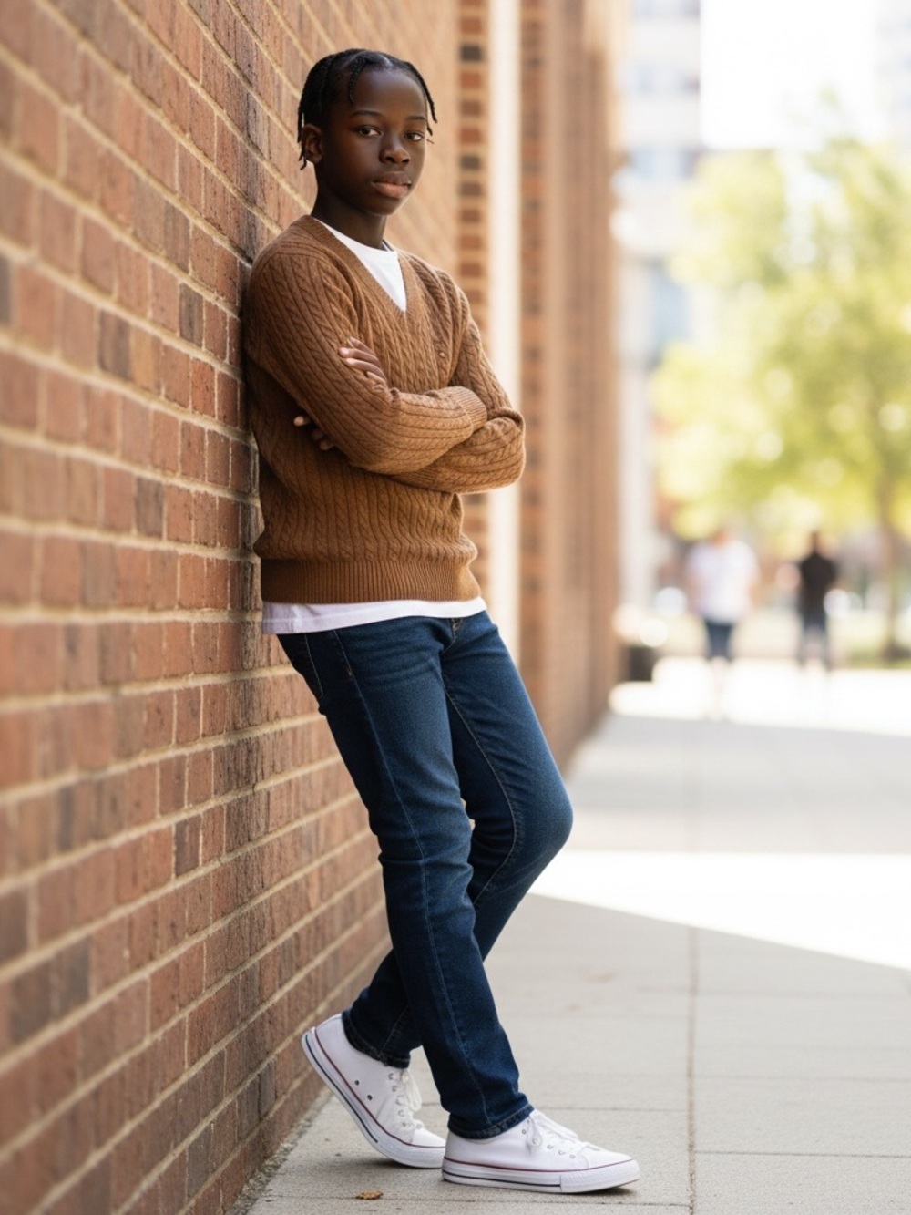 TOMMY HILFIGER Boys Brown Cable-Knit V-Neck Sweater